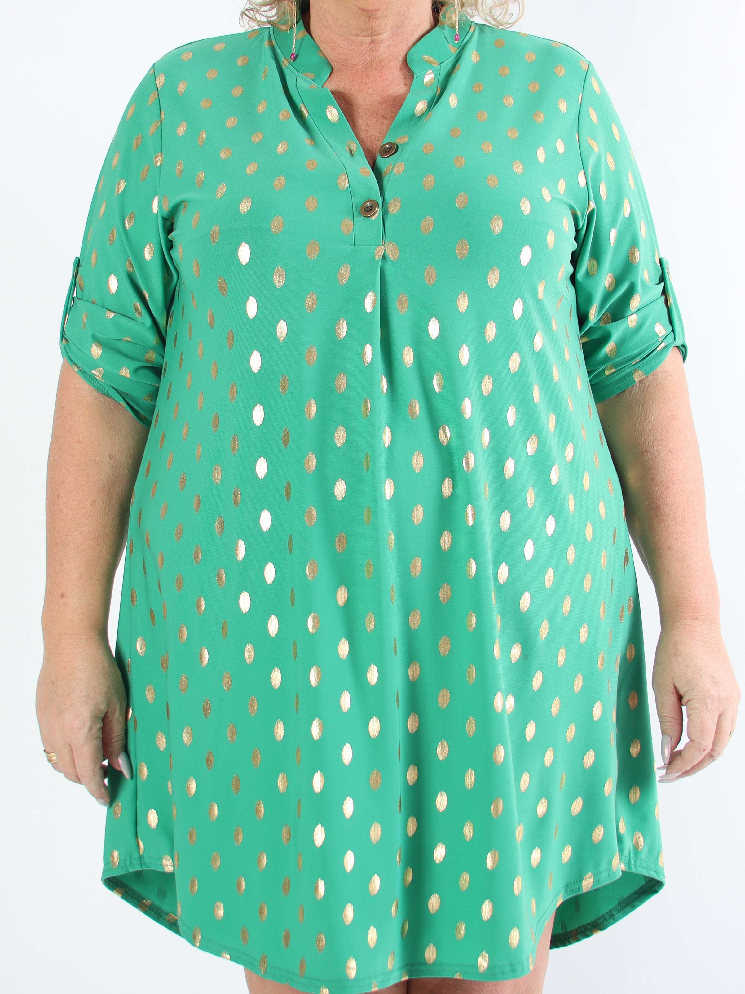 Ebba Gold Long - Elastisk plus size kjole med guld prikker
